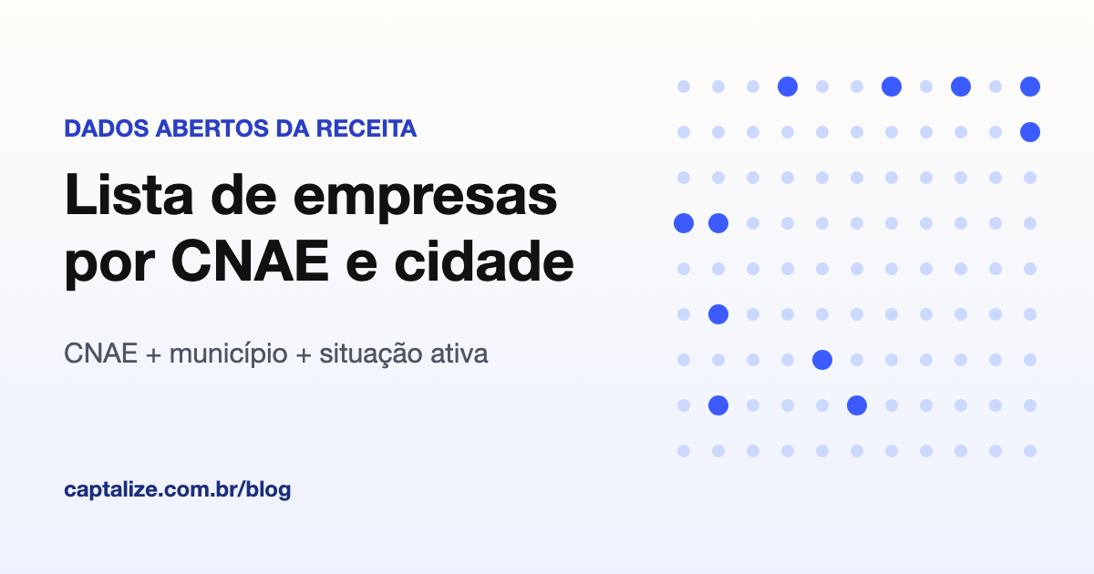 Grade de pontos representando empresas, com poucas destacadas em azul depois de filtrar por CNAE, cidade e situação ativa